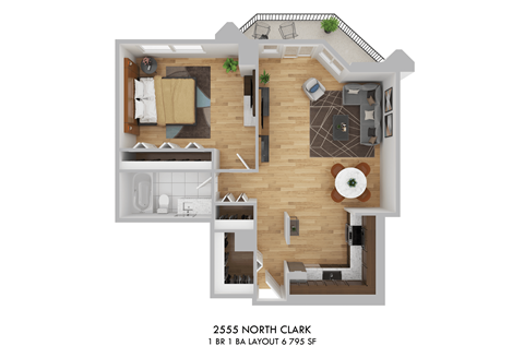 Floor plan for 1 bed, 1 bath, 795 sqft